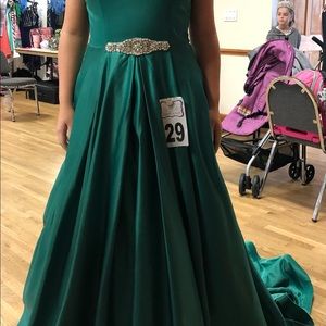 Emerald green custom with long train. Size 14